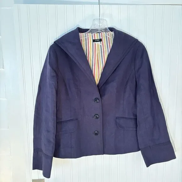 J. Crew Women's Vintage 100% Linen Sailor Style Navy Blazer Jacket - Picture 1 of 11